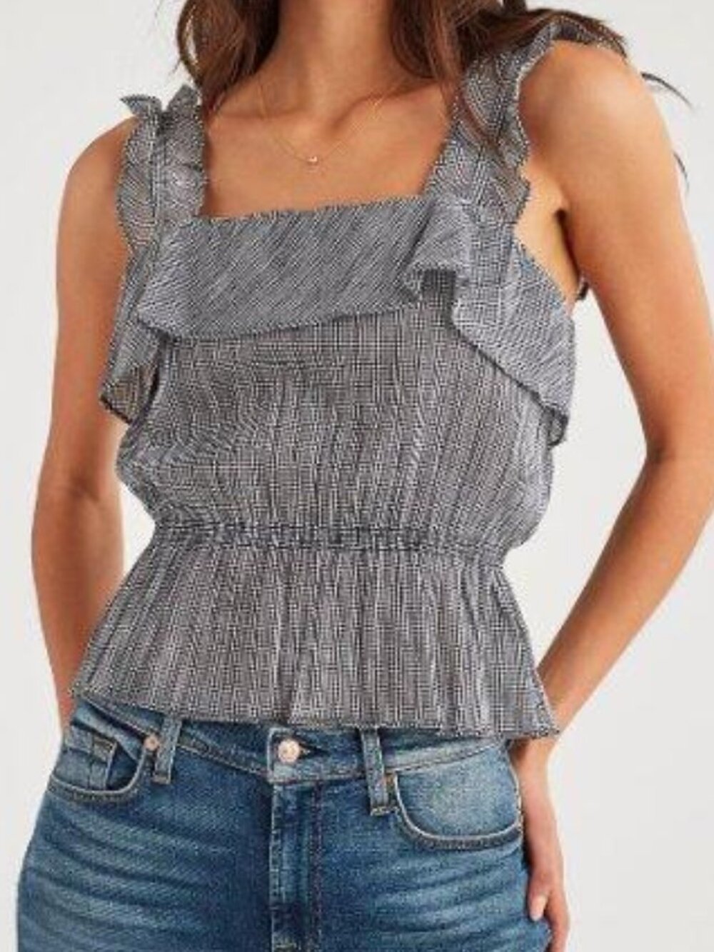 7 for all mankind Women's Gingham Ruffle Top Sleeveless Black White XL NWT